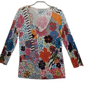 Caren Brook Top Womens Medium Floral Beaded Sequin Stretch Knit Long Sleeve